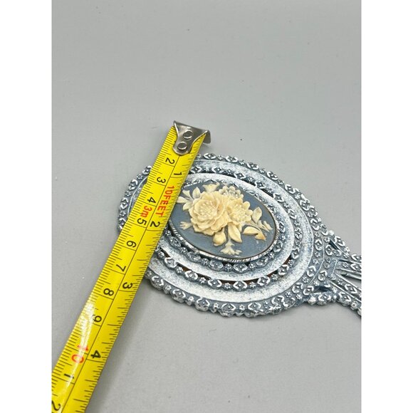 Vintage Florenza Small Hand Mirror Dusty Blue Enamel with Floral Resin Cameo - Picture 5 of 12